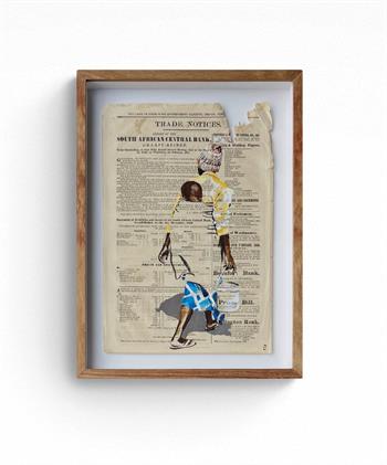Framed painting on vintage newspaper of a an African woman with her child on her back