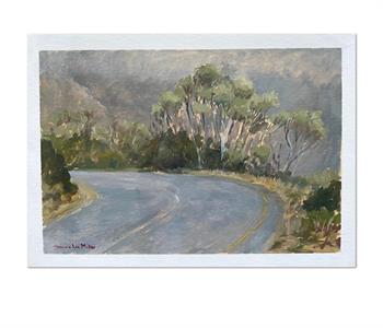 Plein air oil painting of bluegum trees next to a tarred road