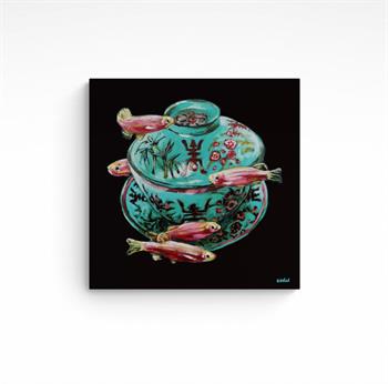small painting of a turquoise ginger jar with khoi fish