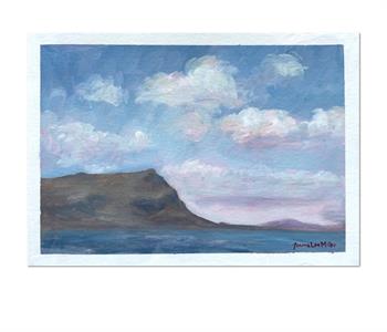 En Plein air painting of the Muizenberg Mountains and coastline at dusk