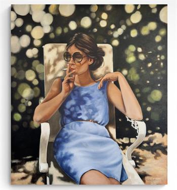 Striking figurative painting of a seated young woman in a blue dress smoking a cigarette