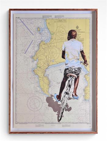 framed picture of a boy on his bicycle painted on a map of the Cape Peninsula