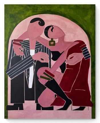 Large cubism-style painting of a couple embracing