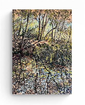 Beautiful painting on board of trees reflected in a pond