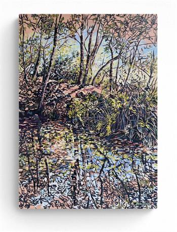 Beautiful painting on board of trees reflected in a pond