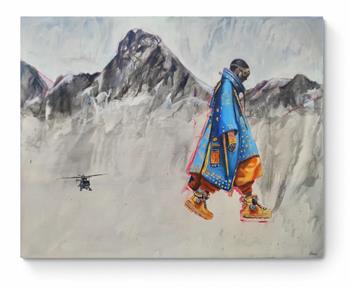 Large painting depiciting a person in tribal dress waling against a mountain backdrop