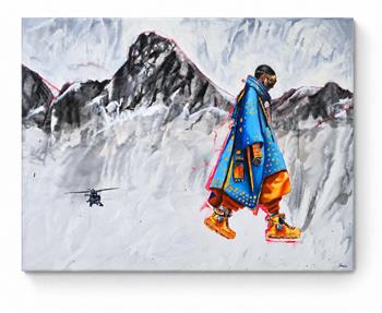 Cloud Walker by Janna Prinsloo, mixed media painting of a colourful traveller in blue and orange walking above snow-covered mountains.