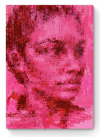 Pop art portrait in hot pink of a young person created using a foam letter stamp