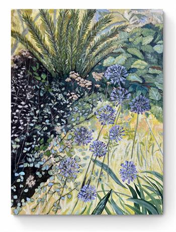 Enchanting painting of garden plants including agapanthus and ferns