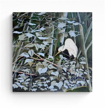 painting on canvas of a heron amongst the reeds