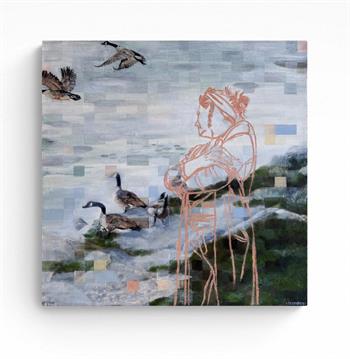 Picture of a person gazing at birds on the shoreline