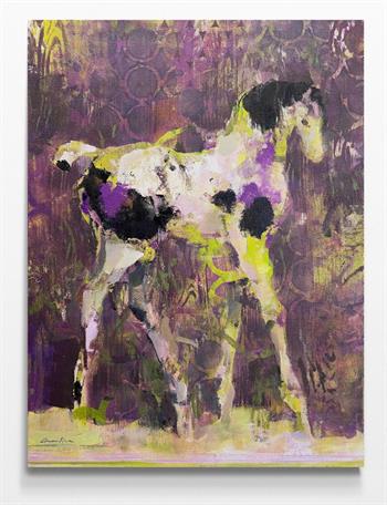 Whimsical, expressionist painting of a young horse in shades of purple and green