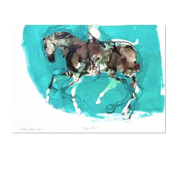 Expressionist painting of a galloping horse and rider against a turquoise painted background