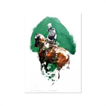 A refined, contemporary study of a horse and rider in acrylic on paper 