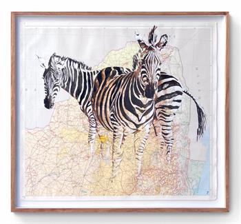 Painting on vintage Kruger map of two zebra by leading artist Lisette Forsyth