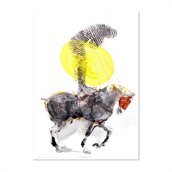 Ink and mixed media painting by Pascale Chandler of a man standing on the back of a prancing horse