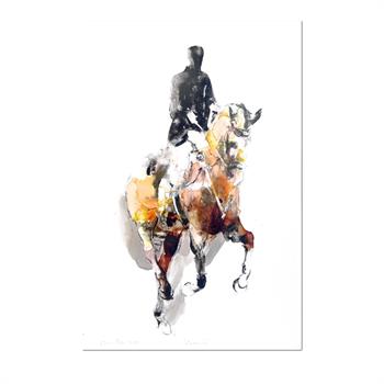 Painting on paper of a horse and rider competing in a dressage event