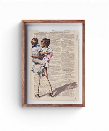 A painting on antique paper depicting a young African girl carrying a white child.