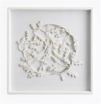 Botanical clay relief sculpture by Jo Roets featuring delicately sculpted oak leaves and acorns arranged in a circular composition within a white shadowbox frame.