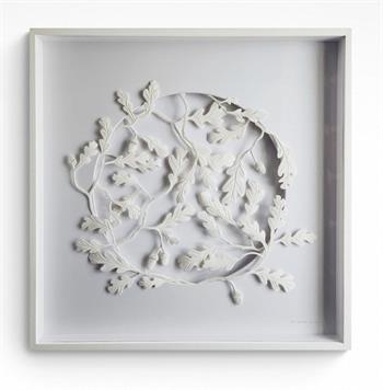 Delicate botanical relief sculpture featuring oak leaves and acorns sculpted in natural stone clay and elegantly framed in white.
