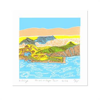 Small silkscreen artwork depicting Table Mountain and the colourful architecture and character of Cape Town.