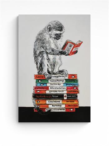 Grace Kotze 'Learned Primate' — acrylic painting of a vervet monkey reading atop a colourful stack of Penguin books.