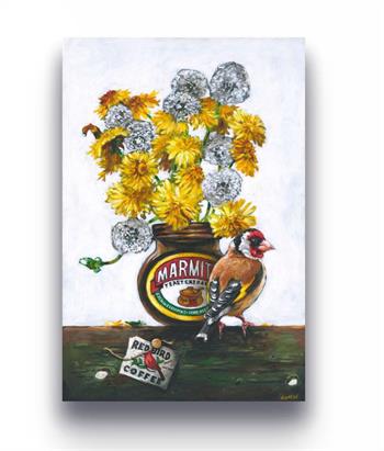 Marmite Yellow by Grace Kotze, acrylic painting of a European goldfinch beside a vintage Marmite jar filled with yellow dandelions and white seed heads
