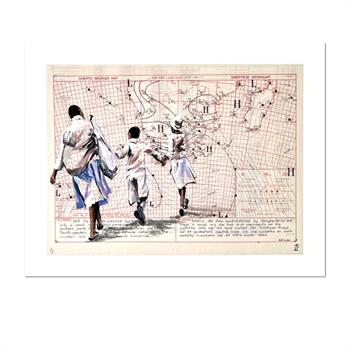 Giclée print of an adult and two children walking across a vintage synoptic weather map, titled Tomorrow by Lisette Forsyth.