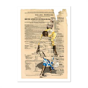Limited-edition giclée print of an adult and child layered over historic Gazette text, titled Informal Trade by Lisette Forsyth.