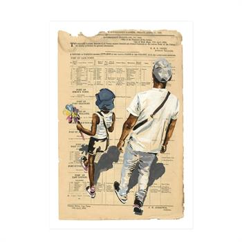 Giclée print of an adult and child walking hand in hand over an aged 1886 Cape Government Gazette page, titled Family Day by Lisette Forsyth.