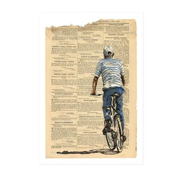 Giclée print of a cyclist in a striped shirt riding across an aged 1886 Cape Government Gazette page, titled Piet by Lisette Forsyth.