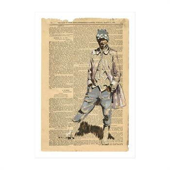 Limited-edition print of a man standing over an aged 1886 Cape Government Gazette page, titled Tembuland by Lisette Forsyth.