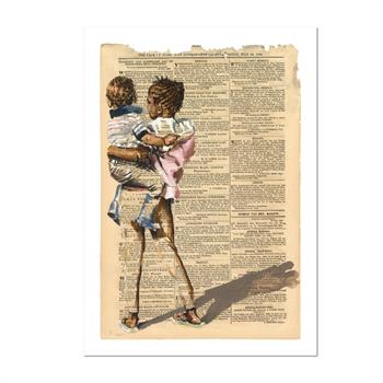Limited-edition giclée print of a young girl holding a small child against an aged Cape Government Gazette page, by Lisette Forsyth.