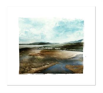 Digital collage landscape of Swartvlei wetlands, water and distant mountains beneath a pale blue sky by Janet Botes.