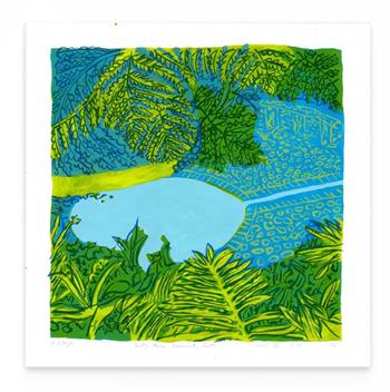 Lady Anne Barnard's Bath Series III by Kitty Dörje, silkscreen print depicting the blue Kirstenbosch pool among bright green ferns and foliage.