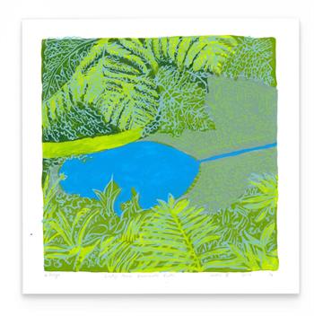 Lady Anne Barnard's Bath Series V by Kitty Dörje, silkscreen print of the blue Kirstenbosch pool surrounded by lush green ferns and foliage.
