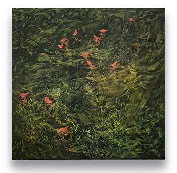 Carried By Water by Laurel Holmes, original waterscape oil painting in shades of deep green with coral-red forms, 90 x 90 cm.