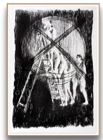 Ladder I by Kitty Dörje, large black and white charcoal self-portrait on Fabriano paper featuring a figure climbing a ladder.