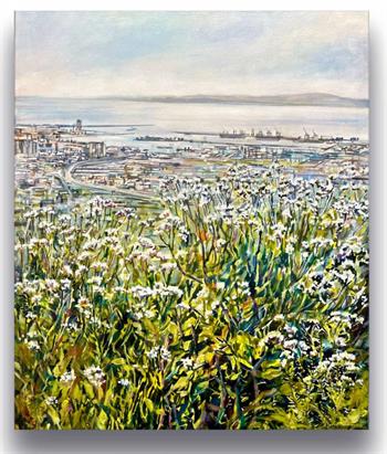 Botanical Divide by Karen Wykerd, acrylic painting of Cape Town harbour and Table Bay viewed through indigenous vegetation