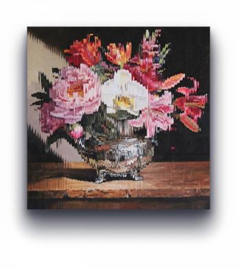 orné Eksteen floral still life oil painting with flowers in a silver bowl