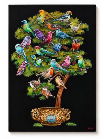 Tree of Life by Grace Kotze, colourful acrylic painting of birds perched in a tree against a black background