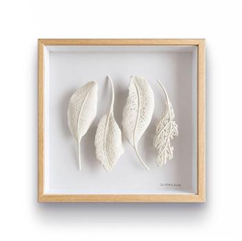 Jo Roets Leaf #7, four delicate white clay leaves with intricate textures in a natural wood box frame.