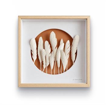 Jo Roets Feather #5, sculpted white clay feathers arranged against a terracotta circle in a natural wood box frame.