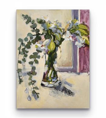 Consider The Lilies by Claudia Treagus, original mixed media floral still life painting of white lilies and eucalyptus in a glass vase, with mauve and cream background.