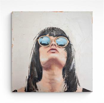 Expressive small portrait painting of a young woman with dark hair wearing sunglasses
