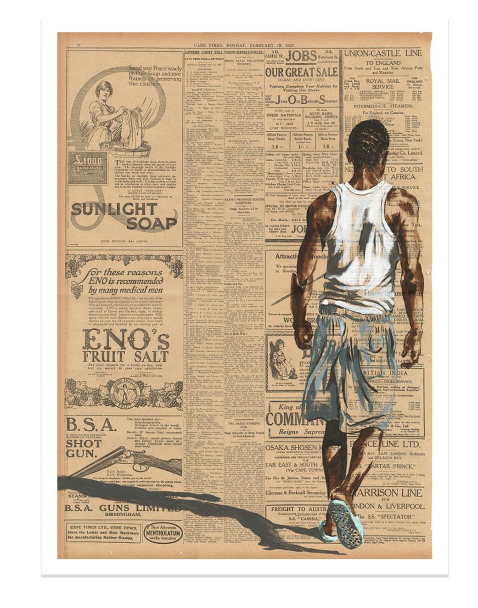 print of a painting of an African man on 1920s Cape Times newspaper