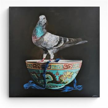 Detailed painting of a pigeon delicately perched on an ornate chinese dragon bowl
