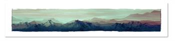 Panoramic digital collage of layered mountain ranges in deep blue, violet and pale green tones, titled My Mountains by Janet Botes.