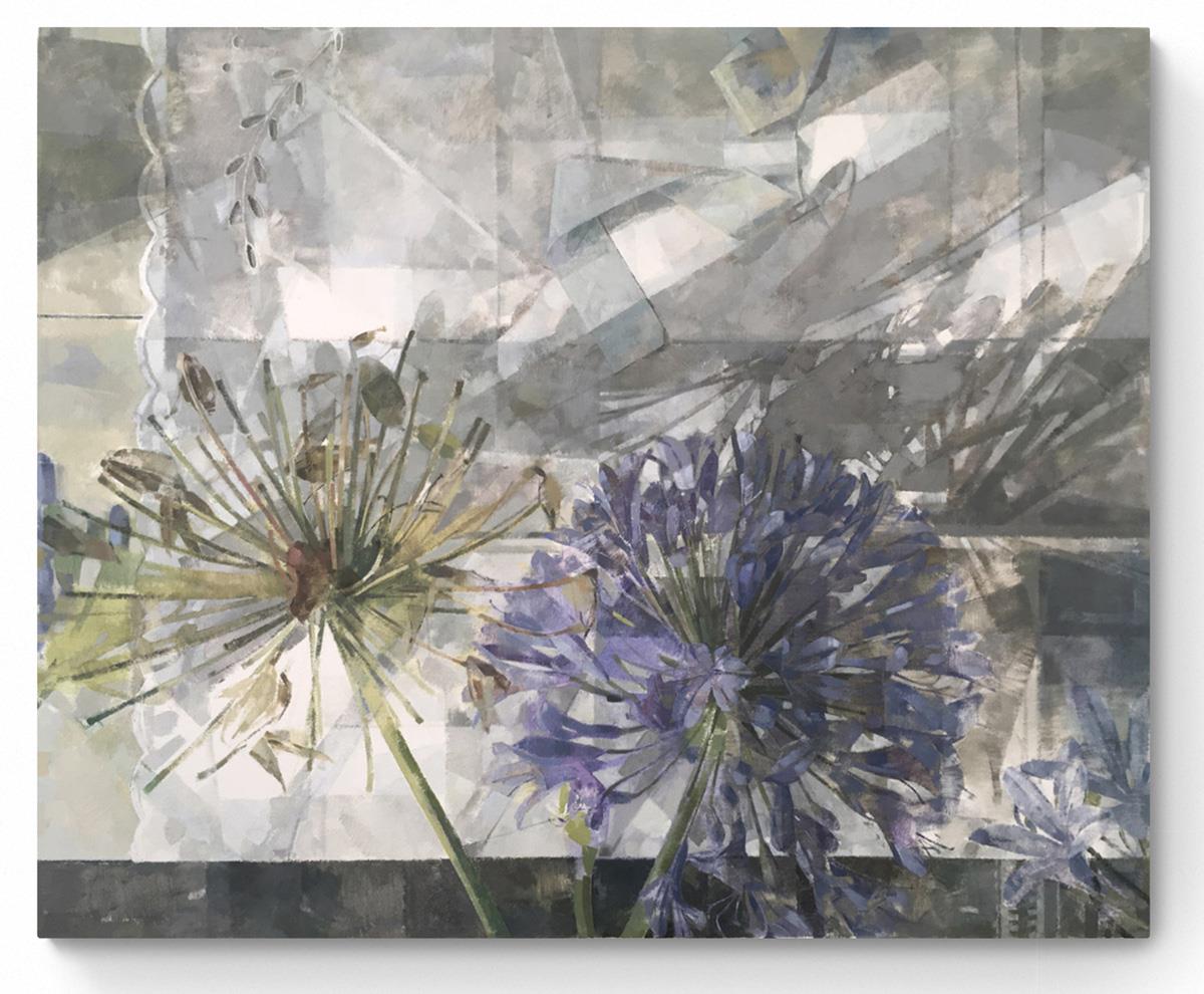 painting of purple agapanthus flowers on a white tablecloth
