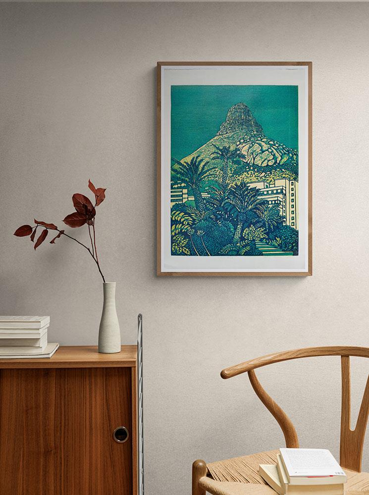 woodblock print on paper of Lion's Head mountain in Cape Town